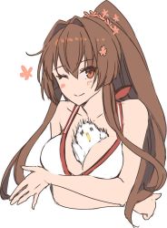 Rule 34 | 1girl, bare shoulders, between breasts, bikini, blush, breasts, brown eyes, brown hair, closed mouth, crossed arms, flower, hair flower, hair ornament, kantai collection, kasumi (skchkko), large breasts, looking at viewer, no nose, one eye closed, one eye covered, ponytail, simple background, smile, solo, swimsuit, upper body, white background, white bikini, yamato (kancolle)