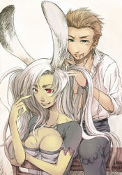 Rule 34 | 00s, 1boy, 1girl, animal ears, balflear, blonde hair, bracelet, breasts, cleavage, couple, fake animal ears, final fantasy, final fantasy xii, fran (ff12), green eyes, hairdressing, jewelry, long hair, playboy bunny, rabbit ears, red eyes, shirt, twintails, viera, white hair, white shirt