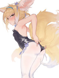 Rule 34 | 1girl, absurdres, adjusting clothes, adjusting leotard, alternate costume, animal ear fluff, animal ears, aqua hairband, arknights, ass, black leotard, blonde hair, blue hairband, blush, detached collar, dressing, fox ears, fox girl, fox tail, glaring, green eyes, hairband, highres, kitsune, kyuubi, leotard, looking back, looking to the side, maqin, multicolored hair, multiple tails, nontraditional playboy bunny, pantyhose, playboy bunny, scowl, side-tie leotard, solo, strapless, strapless leotard, suzuran (arknights), sweat, tail, wedgie, white background, white hair, white pantyhose