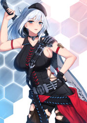 Rule 34 | 1girl, arm up, armband, warrior of light (ff14), belt, blouse, blue eyes, blue hair, breasts, chapter0p, choker, collarbone, cowboy shot, final fantasy, final fantasy xiv, fingerless gloves, gloves, gunblade, gunbreaker (final fantasy), hand on own hip, hat, high ponytail, highres, holding, holding weapon, hyur, large breasts, leaning to the side, long hair, looking at viewer, mole, mole under eye, open mouth, shirt, shorts, sideboob, skindentation, sleeveless, sleeveless shirt, smile, solo, thighhighs, weapon, weapon on back