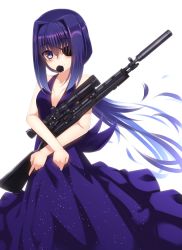 Rule 34 | 1girl, absurdres, backless dress, backless outfit, bandages, blue dress, breasts, closed mouth, dress, eyepatch, eyes visible through hair, gun, hair between eyes, hair intakes, halterneck, highres, index finger raised, long hair, looking at viewer, low ponytail, mouth hold, murasame shia, original, rifle, scope, sidelocks, simple background, small breasts, smile, sniper rifle, solo, standing, suppressor, weapon, white background