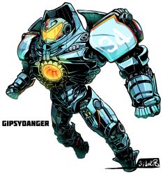 Rule 34 | armor, cannon, character name, chest cannon, clenched hands, commentary request, directed-energy weapon, energy, energy cannon, energy weapon, full body, gipsy danger, glowing, jaeger (pacific rim), legendary pictures, mecha, no humans, nuclear vortex turbine, pacific rim, pan pacific defense corps, robot, sido (slipknot), signature, simple background, white background