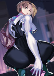 Rule 34 | 1girl, absurdres, animification, bag, blonde hair, blue eyes, bodysuit, breasts, cellphone, highres, holding, holding phone, hood, hooded bodysuit, kagematsuri, large breasts, long sleeves, looking at viewer, marvel, open mouth, parted lips, phone, shoulder bag, smartphone, solo, spider-gwen, spider-man: into the spider-verse, spider-man (series), spider-verse, turtleneck