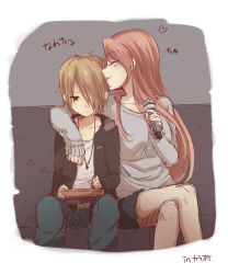 Rule 34 | 2girls, arm around shoulder, black hoodie, blonde hair, blush, breasts, brown eyes, closed eyes, closed mouth, collarbone, couch, denim, grey background, grey sweater, hair over one eye, heart, holding, holding tablet pc, hood, hoodie, jackie012, japanese clothes, jeans, jewelry, karaoke, kimono, kiss, kissing forehead, light brown hair, long hair, long sleeves, looking at object, medium breasts, microphone, multiple girls, necklace, one eye covered, original, pants, pleated skirt, shirt, short hair, sidelocks, simple background, sitting, skirt, small breasts, smile, sweater, tablet pc, translation request, very long hair, white shirt, wife and wife, yuri