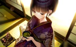 Rule 34 | 1girl, atha (leejuiping), backlighting, black hair, blurry, blurry background, brown eyes, commentary request, day, depth of field, fingernails, floral print, from above, highres, holding, japanese clothes, kimono, looking away, looking down, no shoes, original, print kimono, purple kimono, sitting, socks, solo, striped clothes, striped kimono, vertical-striped clothes, vertical-striped kimono, white socks