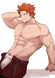 1boy abs absurdres arm_behind_head arm_hair arm_support arm_up bara bare_shoulders belt biceps black_belt bulge chest_hair closed_mouth commentary dated english_commentary fire_emblem fire_emblem:_three_houses groin highres looking_ahead male_focus male_underwear navel nintendo nipples open_pants orange_hair pants pectorals red_pants satodee signature simple_background sitting smile solo sylvain_jose_gautier table topless_male twitter_username underwear white_background white_male_underwear