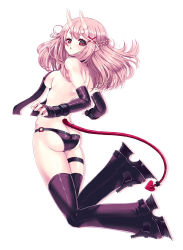 Rule 34 | 1girl, :&lt;, ass, bare shoulders, black bow, black footwear, black panties, blush, boots, bow, braid, choker, closed mouth, covered erect nipples, demon girl, demon tail, detached sleeves, fingernails, floating hair, from side, full body, hair ornament, highres, hip bones, horns, jewelry, jumping, long hair, looking at viewer, oni horns, original, panties, pink hair, platform footwear, pointy ears, reason (ficafe), red eyes, ring, shiny clothes, short eyebrows, simple background, skindentation, sleeves past wrists, slit pupils, solo, tail, tail bow, tail ornament, tail ring, thigh boots, thigh strap, thighhighs, underwear, uneven eyes, white background, x hair ornament