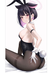 Rule 34 | 1girl, :/, absurdres, alternate costume, animal ears, arm strap, ass, backless leotard, bare arms, bare back, bare shoulders, black hair, black leotard, black pantyhose, blue archive, bob cut, breasts, cat ears, closed mouth, collar, colored inner hair, detached collar, extra ears, fake animal ears, fake tail, from behind, from side, gloves, hair ornament, hairclip, halo, highleg, highleg leotard, highres, kazusa (blue archive), knee up, leotard, looking at viewer, looking back, medium breasts, multicolored hair, pantyhose, pink hair, playboy bunny, rabbit ears, rabbit tail, rama (yu-light8), red eyes, short hair, sideboob, sidelocks, simple background, sitting, solo, strapless, strapless leotard, tail, thighband pantyhose, thighs, white background, white collar, white gloves, wrist cuffs