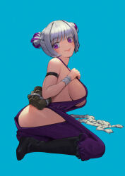 Rule 34 | 1girl, aduo, arm strap, black footwear, blue background, blunt bangs, blush, boots, breasts, closed mouth, double bun, full body, hair bun, hand on own chest, highres, hip vent, knee boots, large breasts, looking at viewer, original, purple eyes, revealing clothes, short hair, sideboob, simple background, skindentation, smile, solo