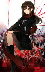 Rule 34 | 1girl, abstract background, black sailor collar, black serafuku, black skirt, black socks, brown hair, closed mouth, enpera, false smile, fingernails, flower, hair ornament, hairclip, hand on own knee, highres, kagerou project, kohaku (ib6910801), long hair, long scarf, long sleeves, looking at viewer, mekakucity actors, midriff peek, neckerchief, no shoes, own hands together, pleated skirt, red eyes, red scarf, sailor collar, scarf, school uniform, serafuku, serious, sitting, skirt, smile, socks, solo, spider lily, staring, string, string around finger, string of fate, tateyama ayano, tsurime, white background, white flower, white neckerchief, white spider lily