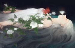 Rule 34 | 1girl, black background, commentary request, dress, closed eyes, flower, from side, grey hair, long hair, lying, on back, original, parted lips, plant, sleeveless, sleeveless dress, solo, strapless, strapless dress, teiraman, very long hair, vines, white dress