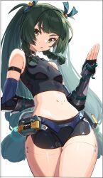 1girl arm_behind_back bare_shoulders black_choker black_shirt black_shorts braid breasts choker commentary_request cowboy_shot crop_top green_eyes green_hair green_ribbon hair_ribbon hand_up highres kei_(soundcross) long_hair looking_at_viewer mechanical_legs midriff navel no_vest parted_lips partial_commentary qingyi_(zenless_zone_zero) ribbon robot_girl shirt shorts simple_background small_breasts solo stomach thighs twin_braids twintails very_long_hair white_background zenless_zone_zero