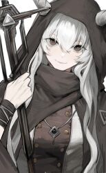Rule 34 | 1girl, absurdres, arknights, black cloak, black eyes, black shirt, buttons, cloak, closed mouth, demon girl, demon horns, dkh (dkh49), double-breasted, eyelashes, grey hair, hair between eyes, hand up, highres, holding, holding sword, holding weapon, hood, hood up, hooded cloak, horns, horns through hood, jewelry, light blush, lips, long hair, looking at viewer, necklace, shining (arknights), shirt, smile, solo, sword, upper body, weapon