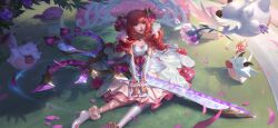 Rule 34 | 1girl, absurdres, breasts, crystal rose gwen, day, dress, drill hair, gwen (league of legends), highres, holding, holding scissors, large breasts, league of legends, long hair, official alternate costume, official art, outdoors, oversized object, poro (league of legends), red hair, scissors, shiny clothes, smile, solo, twin drills, twintails