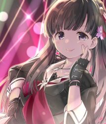 Rule 34 | 1girl, :p, akisaka yamoka, ascot, backlighting, black jacket, blush, bow, collarbone, commentary request, fingerless gloves, flower, gloves, hair bow, hair flower, hair ornament, idolmaster, idolmaster cinderella girls, idolmaster cinderella girls starlight stage, jacket, jewelry, kobayakawa sae, long sleeves, looking at viewer, necklace, sleeves rolled up, solo, stage lights, tongue, tongue out, upper body