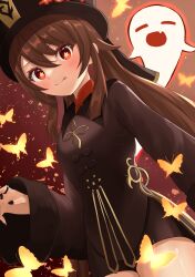 Rule 34 | 1girl, absurdres, black coat, black hat, black nails, black shorts, blush, boo tao (genshin impact), breasts, brown hair, bug, butterfly, coat, coattails, fingernails, flower, genshin impact, ghost, hair between eyes, hat, hat flower, highres, hu tao (genshin impact), insect, long hair, long sleeves, looking at viewer, nail polish, onabe no shime, plum blossoms, red eyes, shorts, small breasts, smile, solo, split mouth, symbol-shaped pupils, thighs, tongue, tongue out, twintails, very long hair