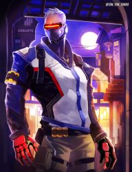 Rule 34 | 1boy, artist request, bad id, bad twitter id, gloves, jacket, male focus, mask, mouth mask, overwatch, overwatch 1, scar, short hair, soldier: 76 (overwatch), solo, visor, white hair