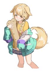 Rule 34 | 1girl, absurdres, animal ears, bare legs, black ribbon, blonde hair, blush, braid, commentary request, cropped legs, dog ears, dog tail, fujita kotone, gakuen idolmaster, hair ribbon, highres, idolmaster, kemonomimi mode, light smile, long hair, looking at viewer, plaid clothes, plaid skirt, pleated skirt, ribbon, shiro wa (shiroshironix), simple background, skirt, solo, tail, tail under clothes, twin braids, white background, yellow eyes