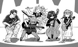 Rule 34 | &gt; &lt;, &lt;o&gt; &lt;o&gt;, 1boy, 4girls, ahoge, alto saxophone, baggy pants, band, bocchi the rock!, bow, bowtie, chair, closed eyes, closed mouth, commentary, concert, cube hair ornament, dated, double bass, drum, drum set, drumsticks, electric guitar, english commentary, glasses, gotoh hitori, greyscale, guitar, hair between eyes, hair ornament, hair over eyes, highres, holding, holding drumsticks, ijichi nijika, instrument, john zorn, kessoku band logo, kessoku band t-shirt, kita ikuyo, long hair, long sleeves, microphone, microphone stand, monochrome, multiple girls, music, nervous, nervous sweating, on chair, opaque glasses, pants, pants under skirt, playing instrument, pleated skirt, saxophone, shirt, shoes, short hair, short sleeves, side ponytail, sidelocks, signature, skirt, sunglasses, sweat, sweater, t-shirt, william leonard, yamada ryo
