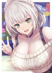 Rule 34 | 1girl, :d, aran sweater, braid, breasts, cable knit, choker, cleavage, crown braid, gollizo, green eyes, highres, hololive, large breasts, off-shoulder sweater, off shoulder, open mouth, shirogane noel, shirogane noel (casual), short hair, silver hair, smile, solo, sweater, upper body, v, virtual youtuber