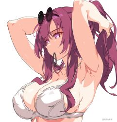 Rule 34 | 1girl, arms up, bare arms, bare shoulders, bra, breasts, cleavage, commentary, hair tie in mouth, highres, honkai: star rail, honkai (series), kafka (honkai: star rail), kili kilio, large breasts, long hair, mouth hold, ponytail, purple eyes, purple hair, solo, underwear, upper body, white bra