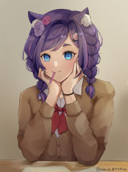 Rule 34 | 1girl, absurdres, animal ears, arms up, blue eyes, bow, braid, cardigan, cat ears, cat girl, claudia katsumoto, claudia katsumoto (artist), collared shirt, commentary, desk, eating, english commentary, flower, food, french braid, hair flower, hair ornament, hairclip, head rest, highres, paper, paw hair ornament, pocky, purple hair, school uniform, scrunchie, shirt, solo, strawberry pocky, thick eyebrows, tomopulse, virtual youtuber