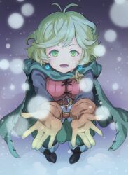 Rule 34 | 1girl, antenna hair, black footwear, blonde hair, boots, breasts, brown gloves, cape, earrings, gloves, granblue fantasy, green cape, green eyes, highres, jewelry, long sleeves, looking at viewer, medium breasts, open hands, open mouth, shoes, short hair, snowing, solo, teena (granblue fantasy), tomamatto