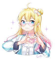 Rule 34 | 1girl, :3, bad id, bad pixiv id, blonde hair, blue eyes, blush, character request, choker, closed mouth, cropped torso, earrings, frilled shirt, frills, glasses, gradient hair, hair between eyes, hair bun, hair ornament, hands up, heart, heart-shaped eyewear, heart earrings, heart hands, highres, jacket, jewelry, long hair, long sleeves, looking at viewer, mole, mole under mouth, moong gya, multicolored hair, open clothes, open jacket, original, pink choker, pink hair, pointy ears, power symbol, shirt, shooting star hair ornament, side bun, signature, simple background, single hair bun, single side bun, solo, sparkle, star (symbol), star hair ornament, white background, white shirt