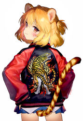 Rule 34 | 1girl, :3, ainy, animal ears, animal print, black jacket, blonde hair, blue skirt, blush, brown eyes, commentary request, cowboy shot, facial mark, from behind, hair between eyes, hands on own hips, head tilt, highres, jacket, long sleeves, looking at viewer, looking back, miniskirt, nail polish, one side up, original, raglan sleeves, red nails, short hair, simple background, skirt, smile, solo, standing, tail, tiger ears, tiger print, tiger tail, whisker markings, white background