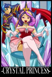 Rule 34 | 1boy, 1girl, armor, blonde hair, blue eyes, blue hair, breasts, cape, cleavage, couple, crown, crystal, elbow gloves, gloves, highres, jewelry, crossed legs, lips, lipstick, magenta eyes, makeup, multicolored hair, my little pony, my little pony: friendship is magic, necklace, open mouth, personification, pink hair, cadance (my little pony), purple hair, rapier, shining armor, shonuff44, smile, streaked hair, sword, thighhighs, throne, tongue, weapon