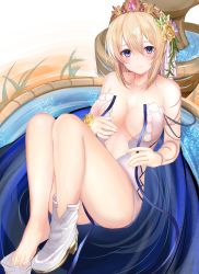 Rule 34 | 1girl, absurdres, bare shoulders, barefoot, blonde hair, blue eyes, blue ribbon, blush, boots, breasts, center opening, cleavage, closed mouth, collarbone, dress, efuri (riarea00), europa (granblue fantasy), feet, flower, fountain, granblue fantasy, hair between eyes, hair flower, hair ornament, highres, large breasts, leaning back, looking at viewer, ribbon, short dress, short hair, single boot, sitting, smile, solo, thighs, tiara, water, white background, white dress, white footwear