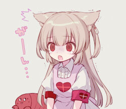 Rule 34 | 1girl, @ @, animal ears, apron, cat ears, center frills, collared dress, dress, fang, frills, grey background, heart, heart print, kemonomimi mode, light brown hair, long hair, looking at another, natori sana, open mouth, pink apron, puffy short sleeves, puffy sleeves, red eyes, safety pin, sana channel, short sleeves, shrimp, simple background, solo, surprised, sweatdrop, tears, trembling, turn pale, two side up, u (usayu u), virtual youtuber, white dress