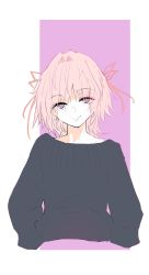 Rule 34 | 1boy, absurdres, astolfo (fate), casual, crossdressing, earrings, fang, fang out, fate/grand order, fate (series), hair intakes, hair ribbon, highres, jewelry, male focus, pink hair, purple eyes, ribbon, smile, sweater, takasaki aneki, trap