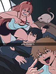 Rule 34 | 1girl, 2boys, alternate breast size, bed, black hair, blanket, blonde hair, breasts, brown eyes, cat, chainsaw man, cleavage, closed eyes, cutting hair, denji (chainsaw man), english text, fake phone screenshot, fake screenshot, fangs, hair between eyes, hayakawa aki, highres, holding, holding own hair, horns, long hair, looking at another, looking at viewer, lying, medium breasts, medium hair, meowy (chainsaw man), midriff peek, multiple boys, on back, open mouth, pink hair, power (chainsaw man), prank, recording, red horns, sharp teeth, short hair, shorts, sleeping, smile, snapchat, tank top, teeth, tina fate, tongue, tongue out, topknot, white cat