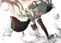 Rule 34 | 1girl, bad id, bad pixiv id, black footwear, black skirt, black sleeves, black thighhighs, boots, commentary request, detached sleeves, green hair, green necktie, hair between eyes, hair ornament, hatsune miku, high heel boots, high heels, highres, leaning forward, long hair, long sleeves, looking away, necktie, parted lips, pleated skirt, profile, running, shirt, shoe soles, skirt, sleeveless, sleeveless shirt, sleeves past fingers, sleeves past wrists, solo, taka (0taka), thigh boots, thighhighs, twintails, very long hair, vocaloid, water, white background, white shirt