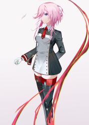Rule 34 | 1girl, absurdres, arm behind back, azur lane, blue eyes, closed mouth, feet out of frame, from side, gloves, highres, long sleeves, looking at viewer, medium hair, necktie, pink hair, red necktie, seydlitz (azur lane), solo, standing, thighhighs, uniform, weinayi, white background, white gloves, zettai ryouiki