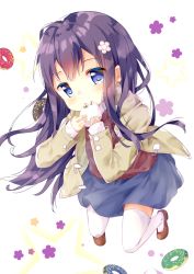 Rule 34 | 1girl, blue eyes, blue skirt, blush, brown footwear, brown jacket, closed mouth, commentary request, doughnut, eating, flower, food, hair flower, hair ornament, highres, holding, holding food, jacket, long hair, long sleeves, looking at viewer, open clothes, open jacket, pink flower, purple hair, shiraki shiori, shirosaki hana, shirt, shoes, skirt, sleeves past wrists, solo, sweater vest, thighhighs, very long hair, watashi ni tenshi ga maiorita!, white shirt, white thighhighs