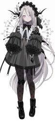 Rule 34 | 1girl, belt boots, black dress, black footwear, black horns, black pantyhose, boots, chiemo (xcem), closed mouth, diamond (shape), dress, earrings, frilled sleeves, frills, full body, gothic lolita, grey hair, hair over one eye, highres, horns, jewelry, leather, leather boots, light smile, lolita fashion, long hair, looking at viewer, original, pantyhose, pink eyes, sleeves past wrists, solo, standing, white background, wide sleeves