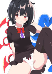 Rule 34 | 1girl, 9150namihana, absurdres, alternate ears, arm behind back, asymmetrical wings, black dress, black hair, black thighhighs, blue wings, blush, bow, bow panties, bowtie, breasts, buttons, center frills, commentary request, dress, feet out of frame, frilled dress, frills, grin, hand in own hair, highres, houjuu nue, looking at viewer, mary janes, panties, red bow, red bowtie, red eyes, red wings, shoes, short dress, short hair, short sleeves, simple background, small breasts, smile, solo, thighhighs, touhou, underwear, white background, white panties, wings