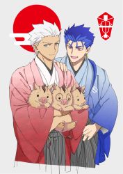Rule 34 | 2boys, animal, archer (fate), blue hair, couple, cu chulainn (fate), dark skin, dark-skinned male, earrings, emya, fate/grand order, fate/stay night, fate (series), grey eyes, hand on another&#039;s shoulder, japanese clothes, jewelry, kimono, cu chulainn (fate/stay night), male focus, multiple boys, muscular, pectorals, piglet, red eyes, short hair, white hair