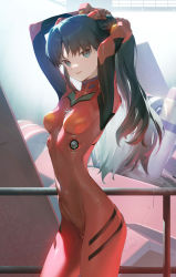 Rule 34 | 1girl, black hair, blue eyes, bodysuit, breasts, cosplay, crossover, eva 02, fate (series), head tilt, highres, looking to the side, mecha, neon genesis evangelion, open mouth, parted bangs, pilot suit, plugsuit, red bodysuit, robot, shiny clothes, siino, skin tight, small breasts, smile, solo, souryuu asuka langley, souryuu asuka langley (cosplay), tohsaka rin, twintails, tying hair