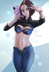 Rule 34 | 1girl, absurdres, artist name, black shirt, blue eyes, blue nails, blue pants, blush, bra, breasts, brown hair, cellphone, cleavage, closed mouth, clothes lift, collared shirt, commentary, copyright name, cowboy shot, ear piercing, freckles, highres, holding, holding phone, medium breasts, medium hair, melowh, mole, mole under eye, nail polish, navel, open fly, pants, parted bangs, phone, piercing, samsung, samsung sam, selfie, shirt, shirt lift, smartphone, solo, underwear, undressing, v