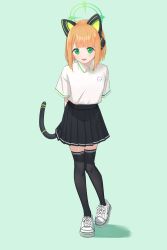 Rule 34 | 1girl, absurdres, animal ears, arms behind back, black skirt, black thighhighs, blue archive, blunt bangs, cat ears, collared shirt, fake animal ears, full body, green background, green eyes, halo, heel up, highres, looking at viewer, midori (blue archive), open mouth, orange hair, pleated skirt, shirt, shirt tucked in, shoes, short hair, short sleeves, simple background, sjuno, skirt, smile, sneakers, solo, standing, tail, thighhighs, white footwear, white shirt