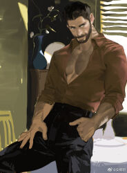 Rule 34 | 1boy, bara, beard stubble, black hair, chest hair, collared shirt, facial hair, feet out of frame, horikwawataru, large pectorals, looking to the side, male focus, mature male, muscular, muscular male, original, painterly, pants, partially unbuttoned, pectoral cleavage, pectorals, shirt, short hair, solo, stubble, thick eyebrows, unfinished