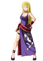 Rule 34 | 1girl, belt, blonde hair, blue eyes, bracelet, breasts, bridal garter, choker, dress, fatal fury, full body, garou: mark of the wolves, gloves, hand on own hip, high heels, highres, hip focus, jenet behrn, jewelry, long hair, medium breasts, no~ma, one eye closed, shoes, sidelocks, skull, smile, snk, solo, the king of fighters, thigh strap, transparent background, wink