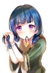 Rule 34 | 1girl, blue hair, blunt bangs, blush, depe, dress, green dress, hair tie in mouth, highres, long hair, long sleeves, looking at viewer, love live!, love live! sunshine!!, mouth hold, pink eyes, sidelocks, simple background, solo, tsushima yoshiko, white background, wide sleeves