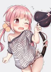 Rule 34 | 1girl, animal print, bare shoulders, blush, cat panties, cat print, clothes writing, commentary request, demon tail, english text, flying sweatdrops, grey background, hair bobbles, hair ornament, hand up, highres, long hair, low twintails, mochiyuki, off shoulder, one eye closed, open mouth, original, panties, pink hair, pointy ears, print panties, red eyes, remote control vibrator, sex toy, shirt, short sleeves, simple background, solo, star (symbol), star print, striped clothes, striped shirt, tail, tape, thigh gap, trembling, twintails, underwear, very long hair, vibrator, white panties