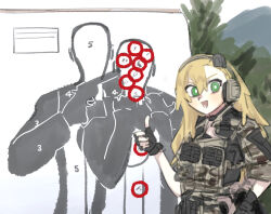 Rule 34 | 1girl, alternate costume, asymmetrical bangs, black gloves, blonde hair, bright pupils, camouflage, camouflage shirt, chest rig, doyagao, fingerless gloves, gloves, green eyes, hand up, headset, insect hair ornament, looking at viewer, matangom, matangomu-chan, microphone, open mouth, original, outdoors, parody, photo-referenced, pillbug, shirt, shooting range, silhouette target, sleeves rolled up, smile, smug, solo, thumbs up, tree, upper body, v-shaped eyebrows, white pupils, you&#039;re doing it wrong
