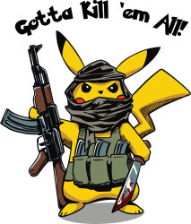 Rule 34 | 1boy, absurdres, ak-47, ammunition pouch, animal ears, assault rifle, bare legs, bare shoulders, barefoot, blood, bloody weapon, brown scarf, commentary, creatures (company), dagger, english commentary, english text, full body, furrowed brow, game freak, gen 1 pokemon, green vest, gun, head scarf, highres, holding, holding dagger, holding gun, holding knife, holding weapon, kalashnikov rifle, knife, looking at viewer, male focus, nintendo, pikachu, pokemon, pouch, rifle, ross edgerley, scarf, simple background, solo, tail, vest, weapon, white background