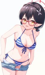 Rule 34 | 1girl, ayane (blue archive), ayane (swimsuit) (blue archive), bare arms, bare shoulders, bikini, black hair, blue archive, blue bikini, blue shorts, braid, breasts, cleavage, clothes pull, collarbone, cowboy shot, french braid, front-tie bikini top, front-tie top, frown, glasses, halo, halterneck, highres, looking at viewer, medium breasts, medium hair, miso (misomiso 154), navel, open clothes, open fly, open mouth, pointy ears, red-framed eyewear, short shorts, shorts, shorts pull, side-tie bikini bottom, solo, stomach, string bikini, striped bikini, striped clothes, swimsuit, undressing, yellow eyes